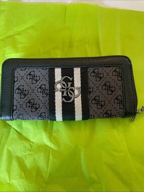Guess Black and Gray Monogram Zip Wallet with Stripe Detail